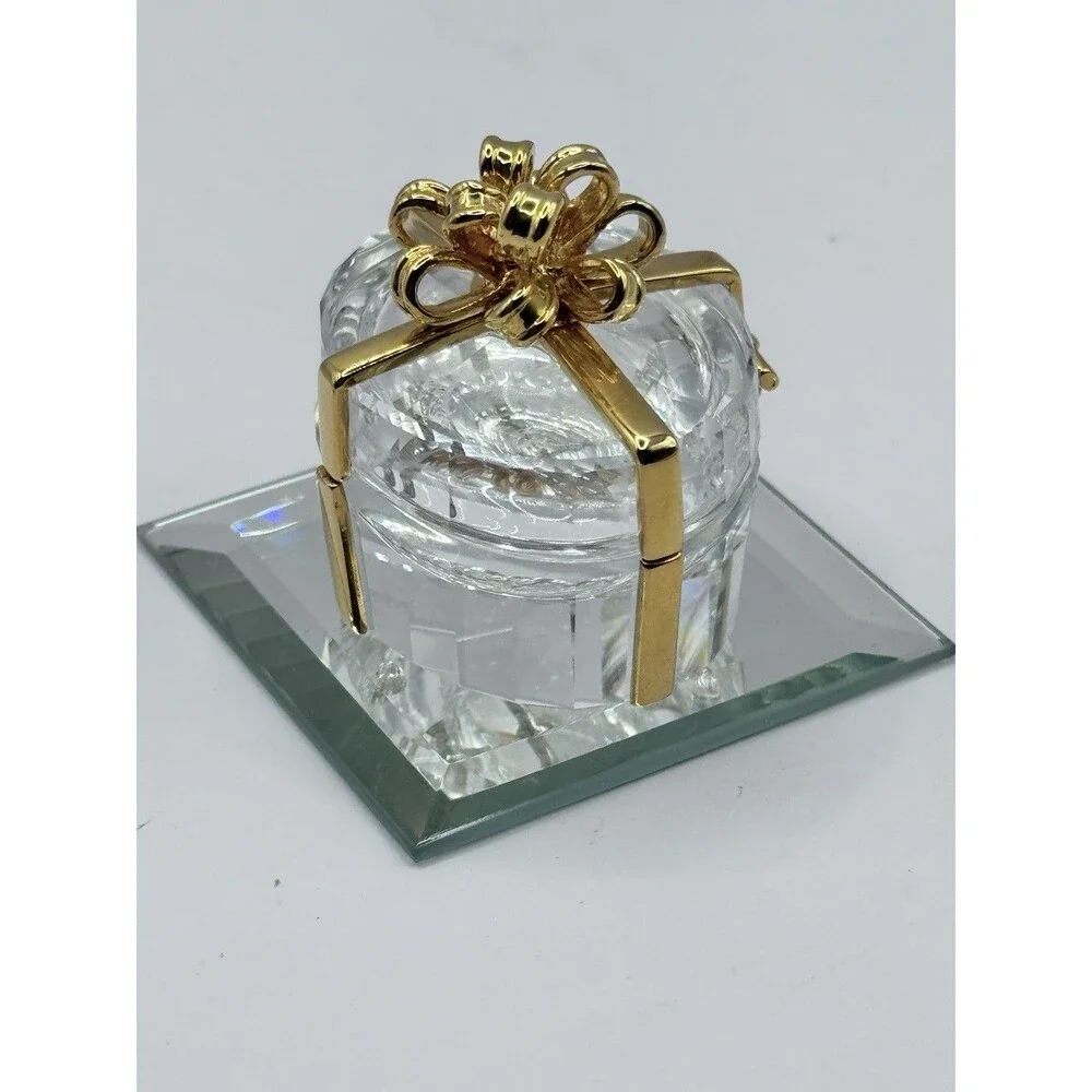Glass Trinket Box Gold Bow Hinged Jewelry Holder Ring Box w Mirror